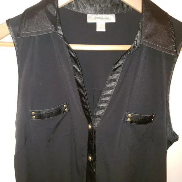 Dress barn black sleeveless top with silky trim, brass buttons - Picture 3 of 5